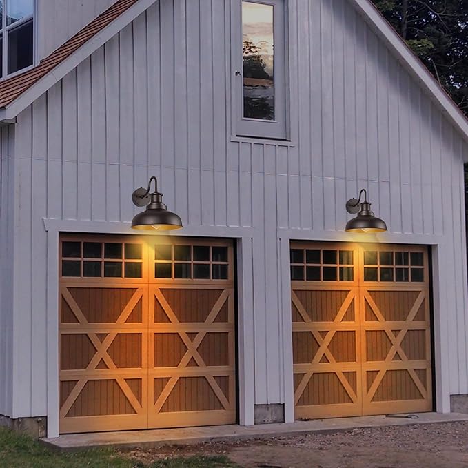 Dusk to Dawn Outdoor Gooseneck Barn Lights Outdoor Wall Sconces Farmhouse Exterior Wall Mount Light Vintage Outside Lighting Fixture Industrial Bronze Lantern for Porch Garage Shed Patio, 2 Pack