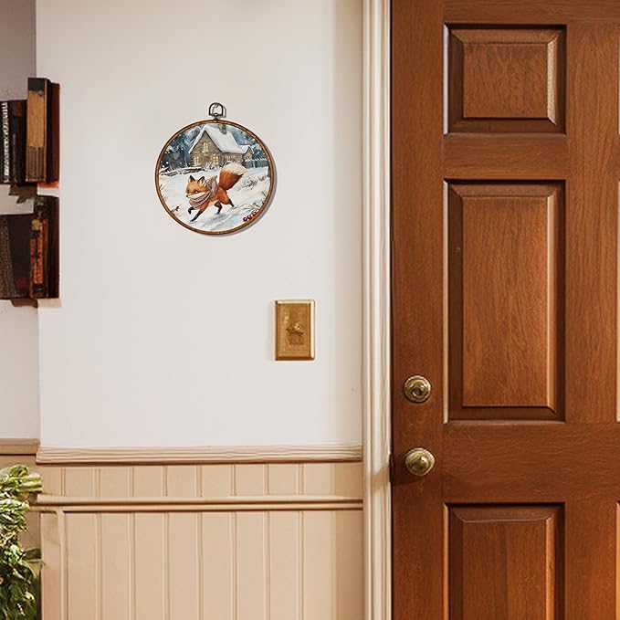 KSDUT Vintage Winter Wall Decor Art - Snowy Fox Wall Art Canvas Frame Hanging Prints, Retro Xmas Forest Woodland Wild Animal Round Wall Art Decor for Home Farmhouse Decorations 10"x10"