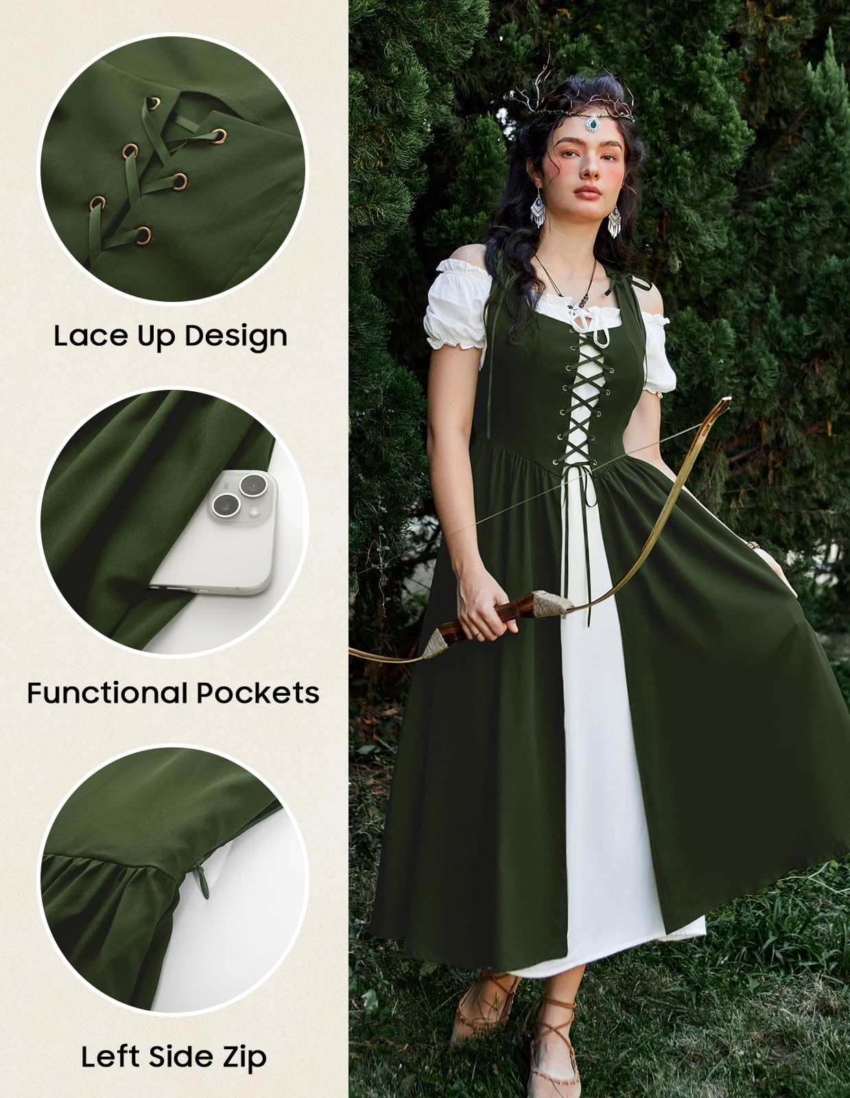 Scarlet Darkness Renaissance Costume Women Peasant Medieval Dress Short Sleeve Maxi Fairy Dresses with Pockets Olive Green L
