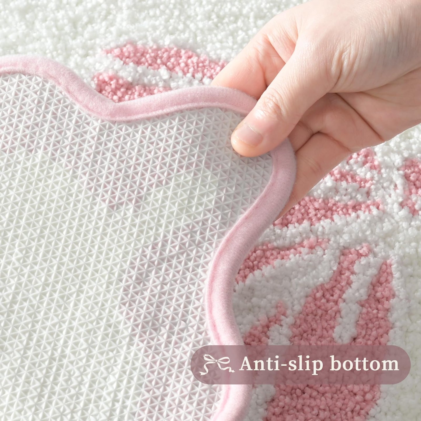 Anybar Bow Bath Mat Pink White Bathroom Rug Cute Scalloped Rugs Non Slip Floor Carpet Microfiber Bathmat Soft Super Absorbent Machine Washable Bathmat for Shower Scallop Bathroom Mats（20x32 inch）