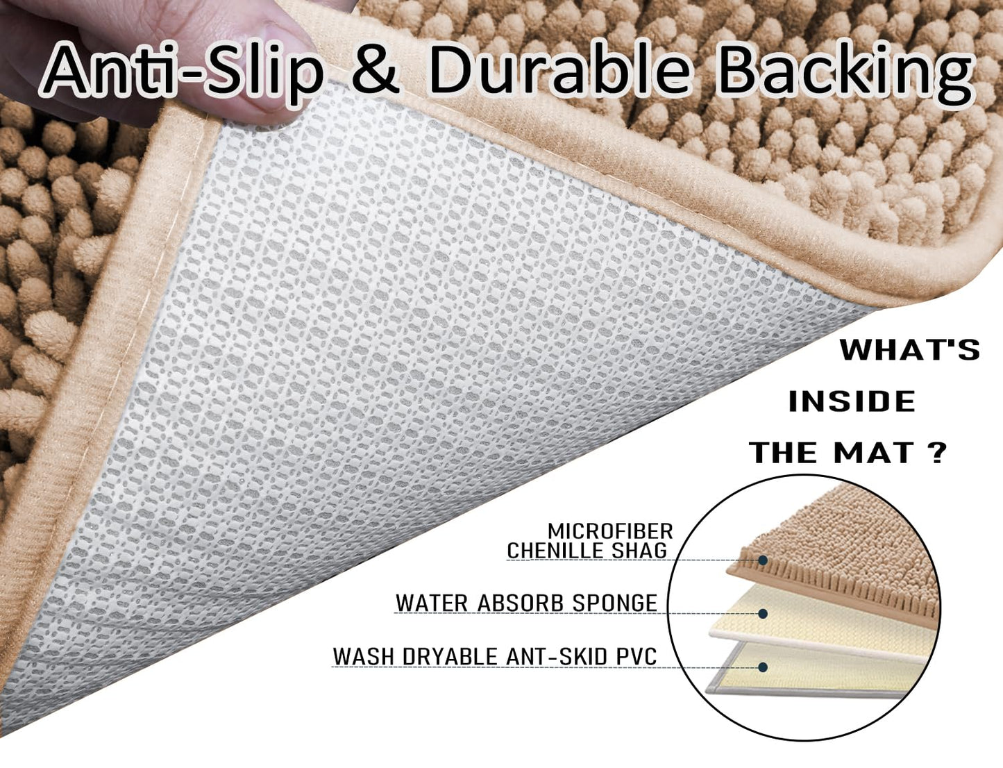 Bathroom Rugs Sets 3 Piece,Bath Mats for Bathroom Non Slip, Thick Chenille Bath Rug,Soft and Absorbent Shaggy Bathroom Mat Set, Machine Wash & Quick Dry Durable Carpet for Bath, Kitchen,Beige