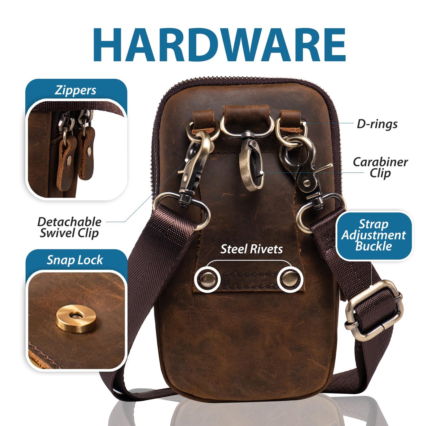Hengwin Leather Men Cell Phone Holster Wallet Case with Belt Clip Travel Messenger Bag Waist Pouch Crossbody Purse Fits for iPhone 17 Pro Max 16 Pro Max 15 Pro Max Samsung Galaxy S25 Ultra (Coffee)