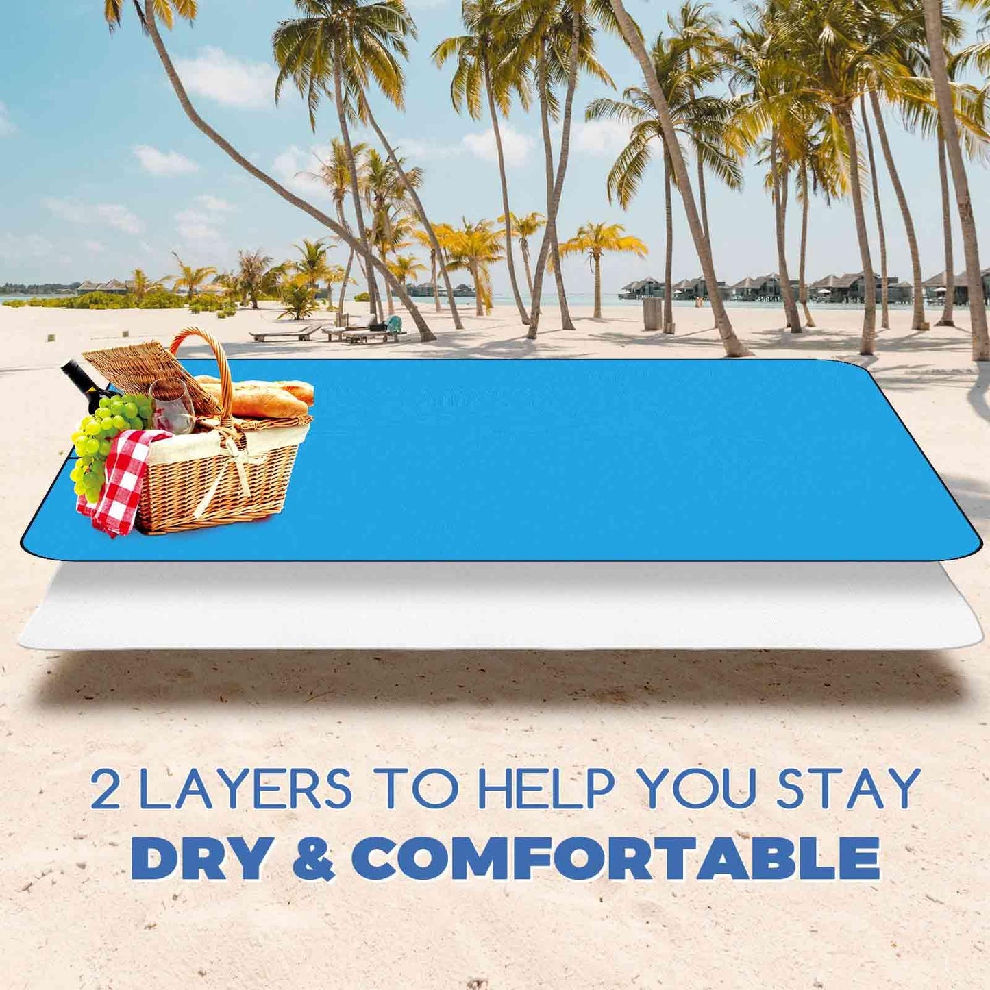 Beach Picnic Blanket, Sandproof Waterproof Camping Blankets Large, Outdoor Sandfree Foldable Mat 55x32in, Oversized Packable Family Mats for Hiking, Camping, Park, Travel, Grass Concert-Blue