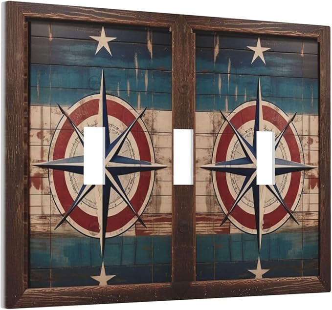 Decorative Art Light Switch Covers Nautical Rustic Star Emblem 3 Gang Triple Toggle Wall Plate Decorative Switch plate Electrical Faceplate for Home Decor