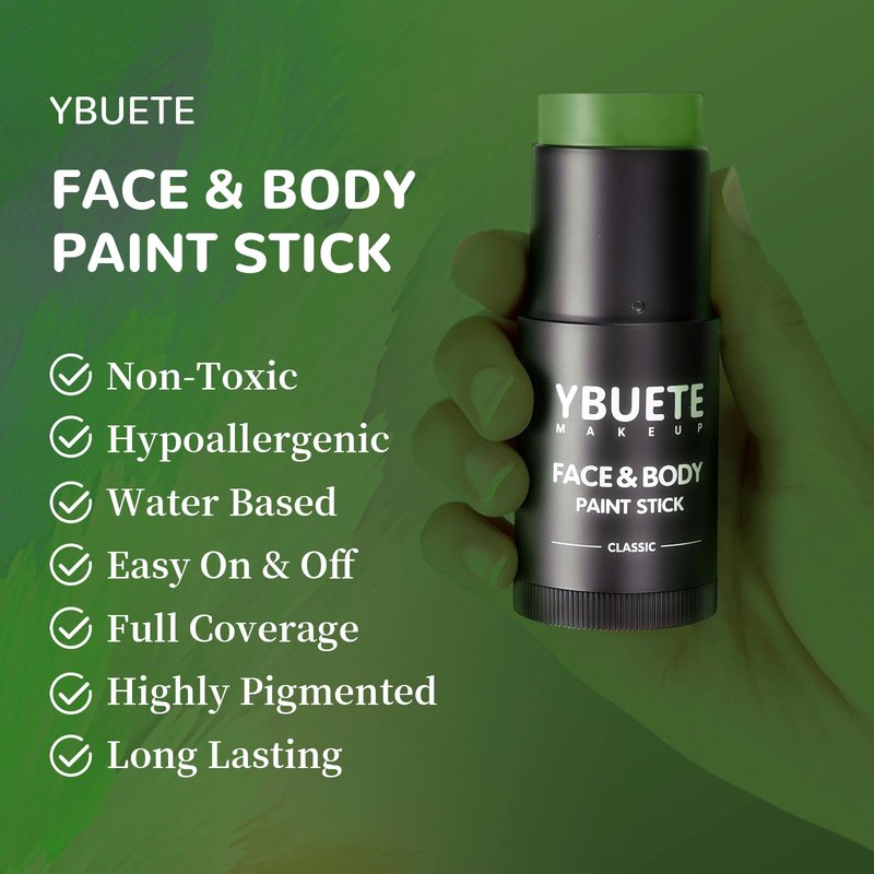 YBUETE Green Face Body Painting Stick, Professional Full-coverage Cream Green Face Paint for St. Patrick's Day Halloween SFX Witch Monster Cosplay Makeup, Washable Body Paint for Adult Carnival