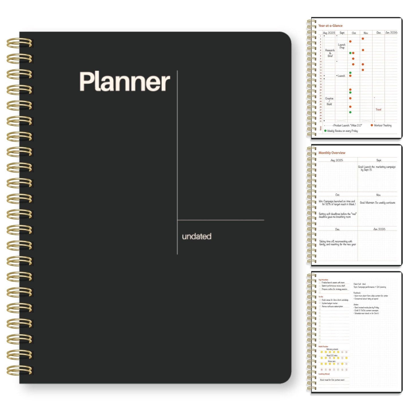 Undated Weekly Planner, 8.5x11” – Dashboard Layout with Yearly Review, Monthly Calendars, & Weekly To Do List, Spiral Bound Organizer for Work, Study & Life (Black)