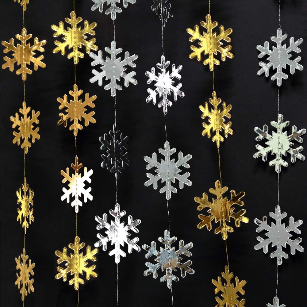 Cheerland Clearance Silver and Gold Snowflake Decorations Hanging Winter Birthday Party Garland Christmas Snowflakes Xmas Snow Flake Streamer Wall Backdrop Holiday Classroom Baby Showers Office Decor