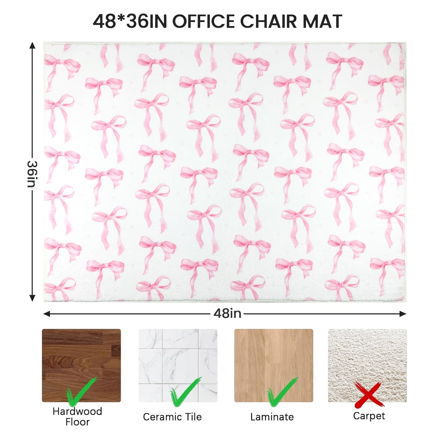 yueyaer Office Chair Mat for Hardwood/Tile Floor, 36"x48"Desk Chair Mat for Rolling, Non Slip Under TPR Backing Low-Pile Rug(Pink Cute Bow)