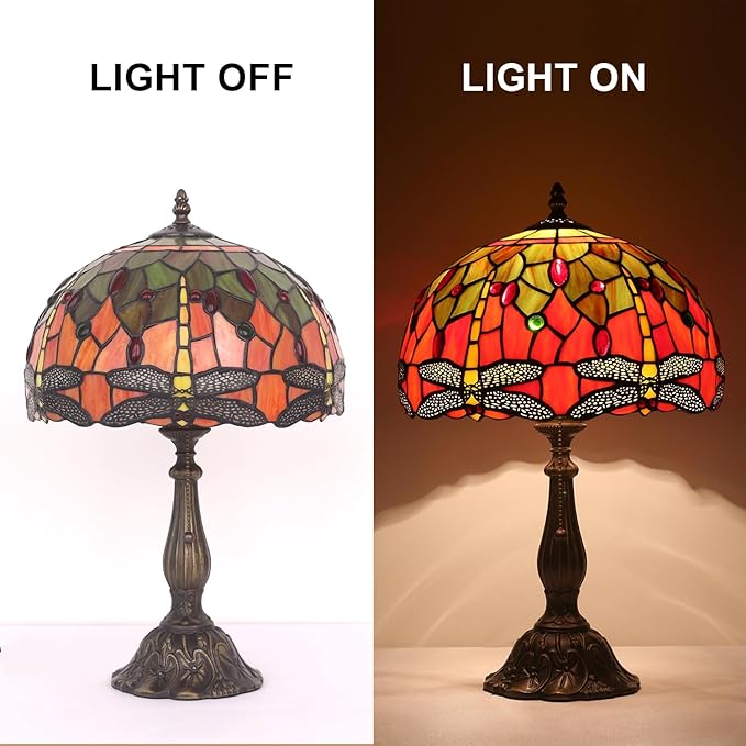 Tiffany Table Lamp Stained Glass Bedside Table Lamp Desk Reading Light 12 Inches Bedroom Living Room Home Office Decor Lamp(Yellow Dragonfly)