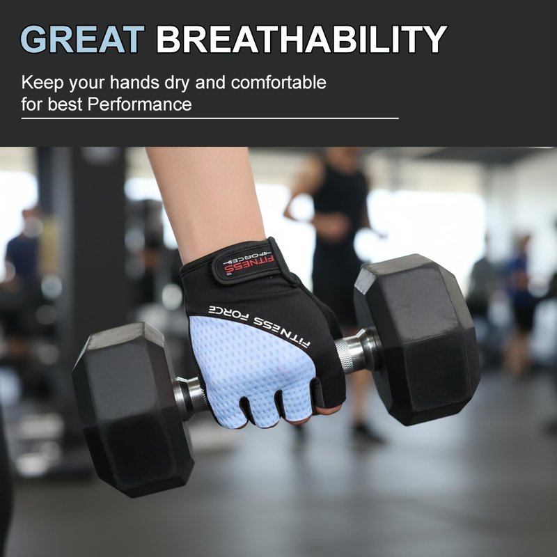 FITNESS FORCE Breathable Workout Gloves for Men and Women, Padded Weight Lifting Gloves with Full Palm Protection for Grip, Exercise, Cycling, Gym, Fitness Training (Blue, Medium)