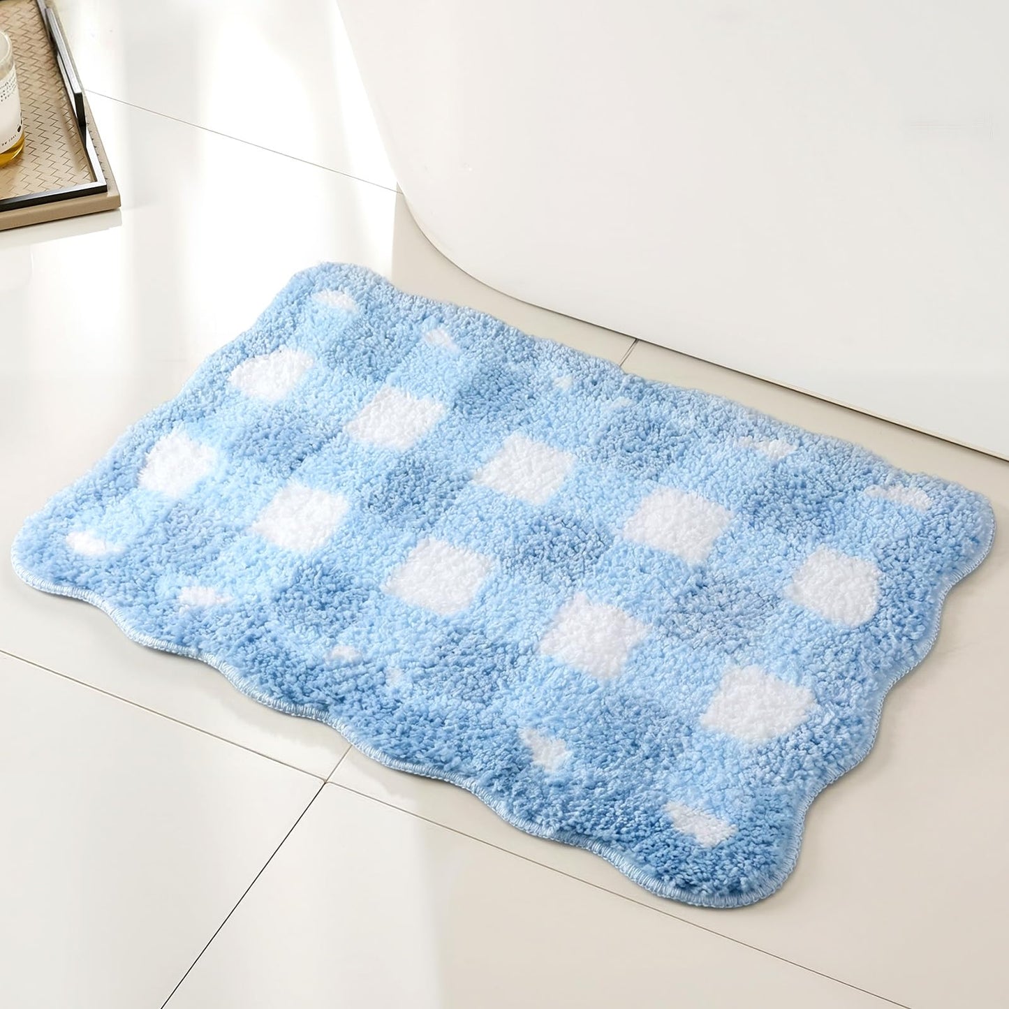 Dunzy Blue Scalloped Gingham Bathroom Mat 16" x 24" Non Slip Coquette Checkered Cute Aesthetic Bath Rug Preppy Room Decor Microfiber Absorbent Carpet for Bathtub Shower Bedroom