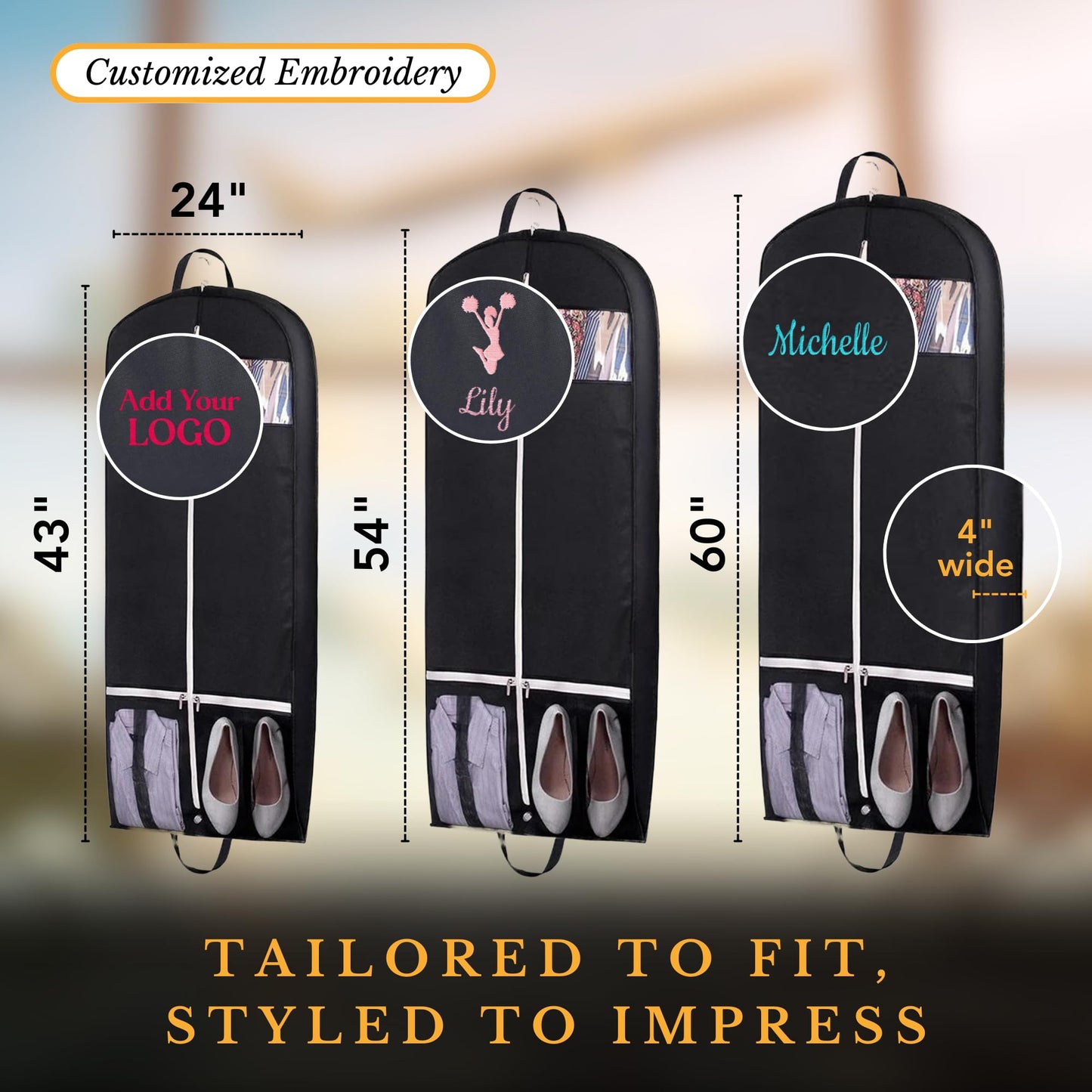 Personalized Garment bag with Name for Hanging Clothes - Custom Black Suit Bags for Closet Storage with 2 Mesh Pockets for Men & Women - Ideal for Wedding Dress Garment Bag Storage with Carry Handles