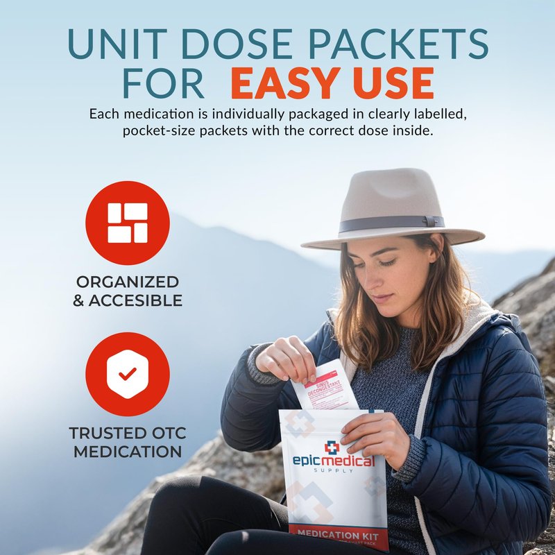 Epic Medical Supply First Aid Kit Medication Refill – 43-Count Unit Dose Packets - Alcohol Pads & Bandages – Emergency Medicine Kit Pills - 1st Aid Kit Refill, Travel, Camping – Assembled in USA