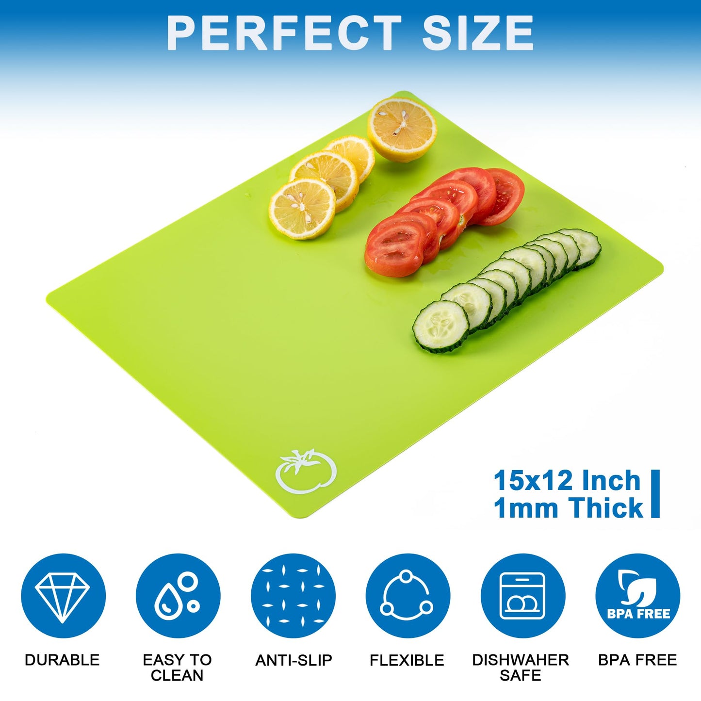 5 Pieces Flexible Plastic Cutting Board Mats with Food Icons, BPA Free Cutting Boards for Kitchen, Non Slip Cutting Mat for Meat and Vegetables (Red, Bright Yellow, Light Green, Purple, Lake Blue)