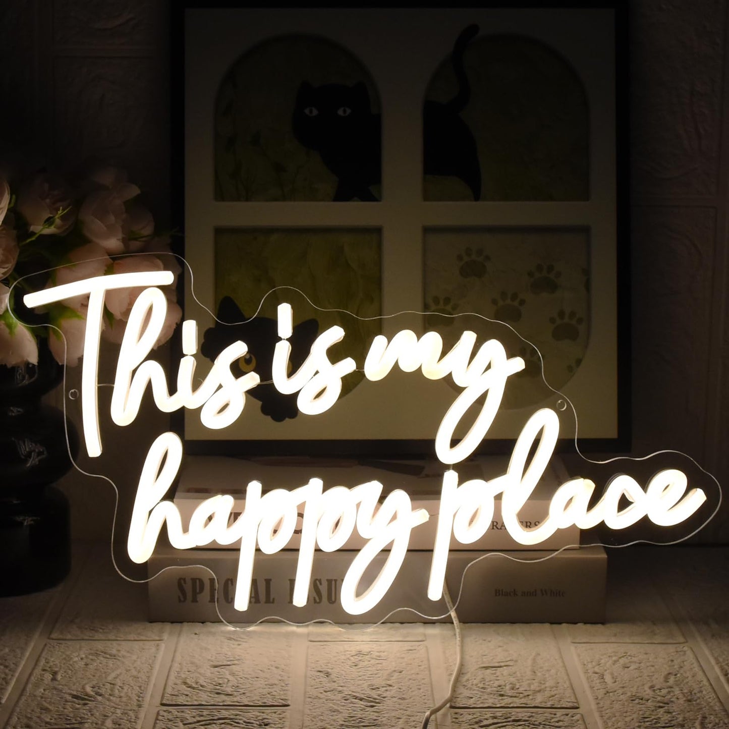 UExnkj-Y This is My Happy Place Neon Sign, Warm White Neon Lights for Wall Decor, Happy Place Signs for Wall Decor, USB Dimmable Led Light Up for Bedroom Classroom Man Cave Home Bar