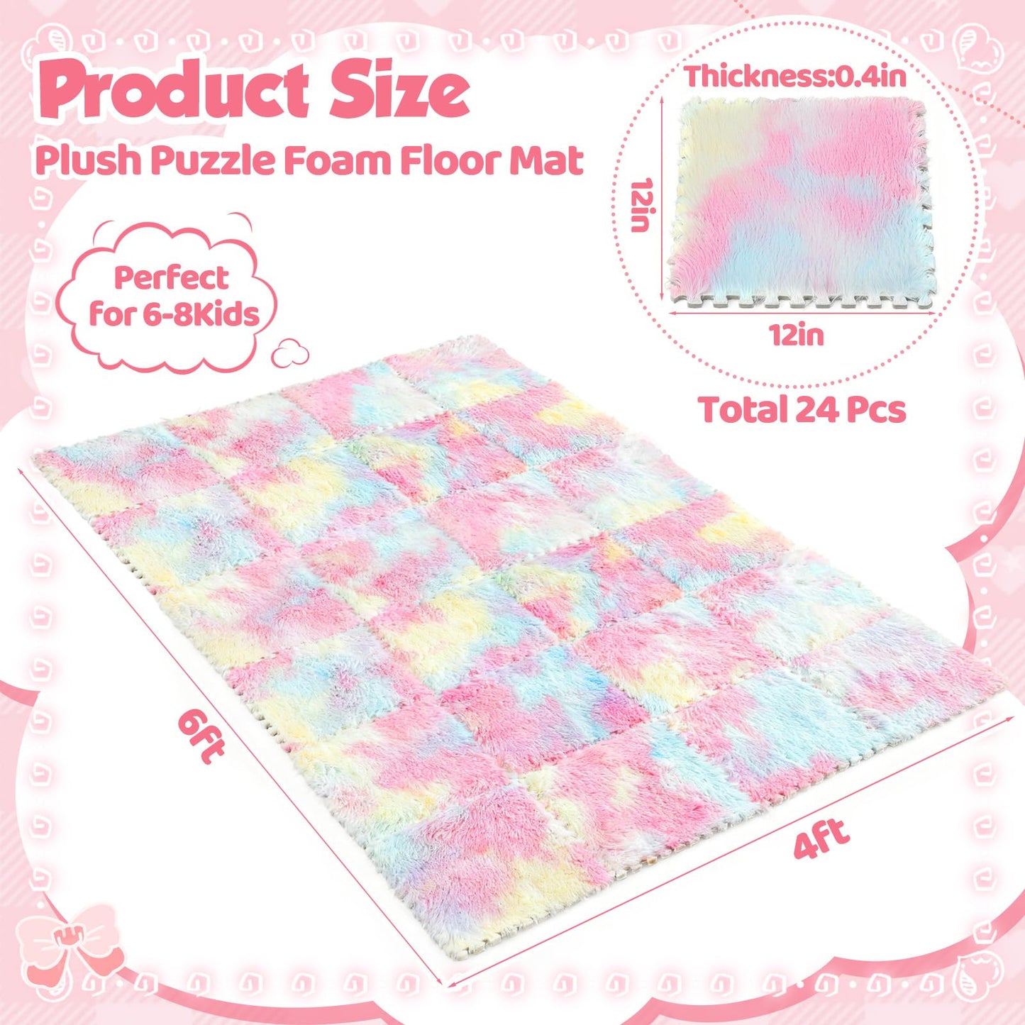 Maasechs 16 Pcs Pastel Rainbow Faux Fur Floor Tiles, 11.8 x 11.8 in Puzzle Girls Play Soft Tiles, 1.5 Inch Shaggy Square, EVA Foam Floor Mat for Nursery, Playroom, Bedroom, Toddler Room, Daycare