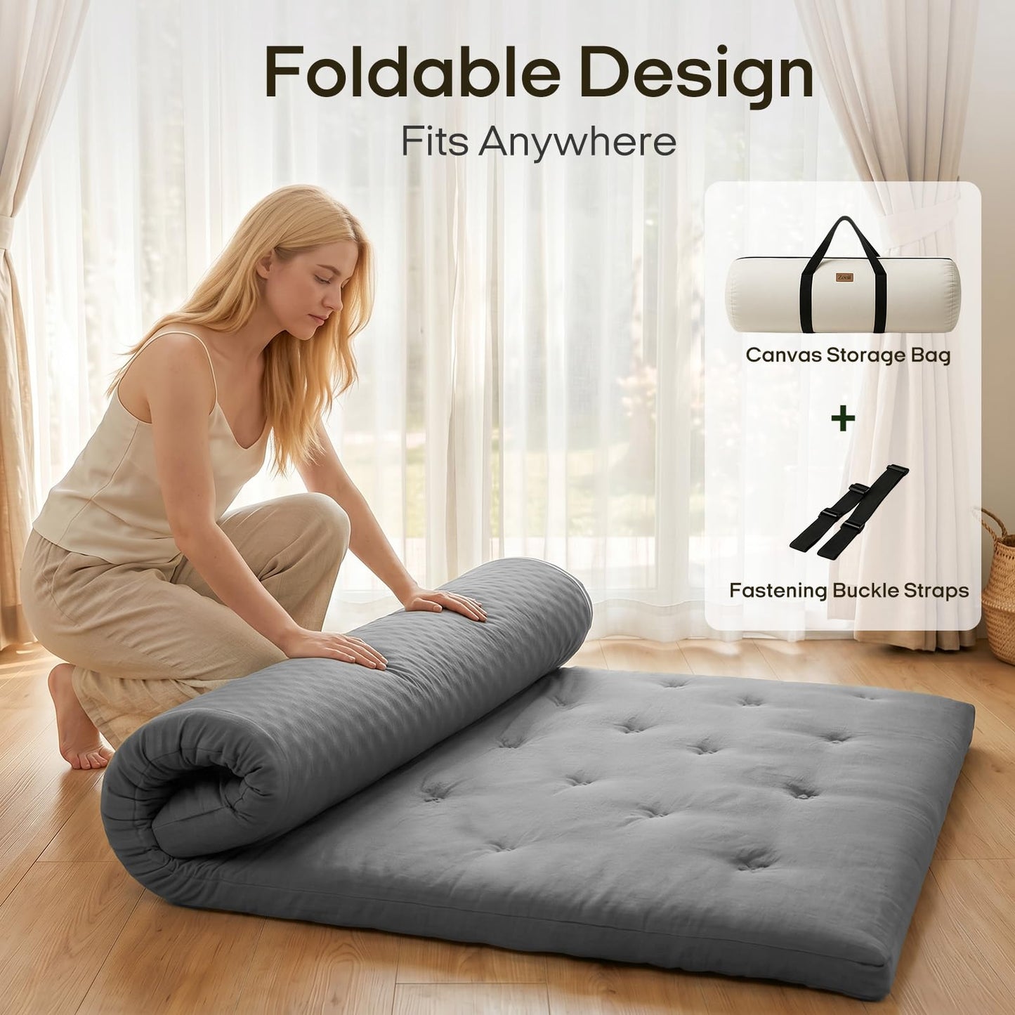 ZonLi Japanese Floor Futon Mattress Twin Size 75"x 39", 100% Cotton Cover 4'' Thicken Tatami Mattress, Foldable Sleeping Pad, Portable Dormitory Tatami Mat (Grey)