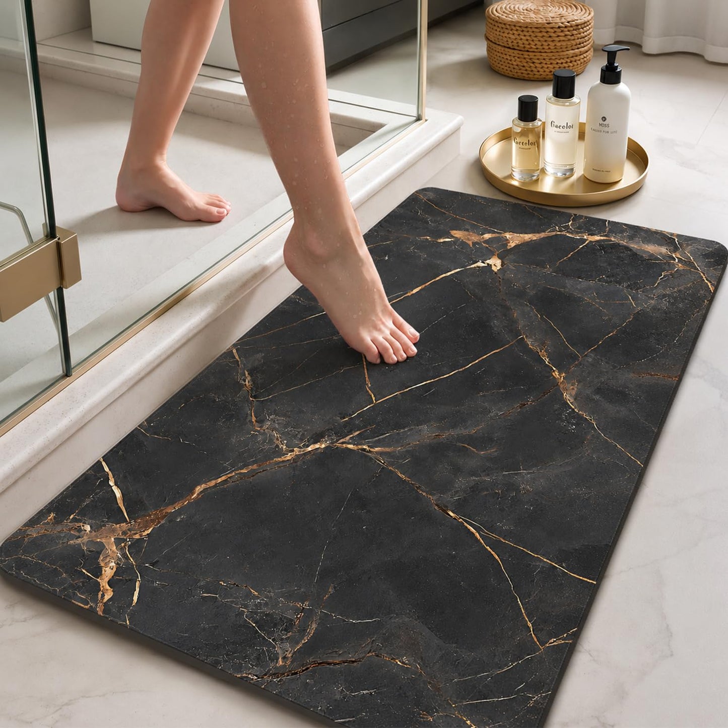 Color&Geometry Ultra Thin Bathroom Rugs Non Slip,Absorbent Quick Dry Bath Mats for Bathroom,Thin Bath Rugs Washable with Rubber Backing Fit Under Door Outside Shower,Gold-Veined Marble,24"x36"
