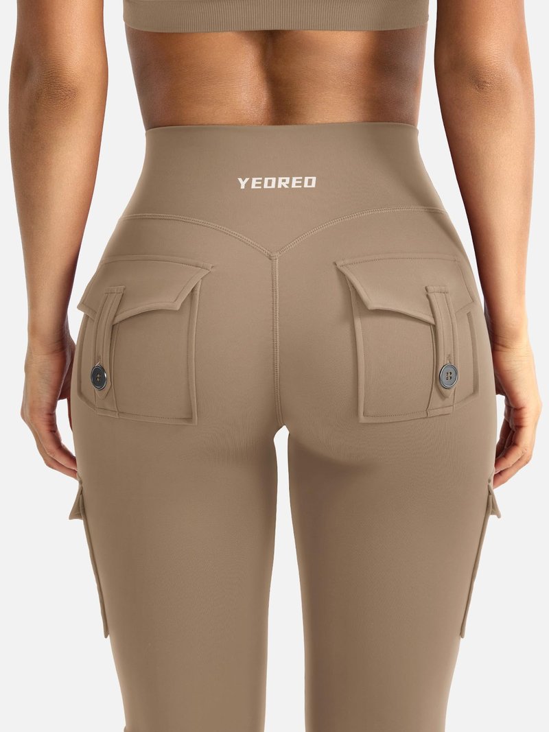 YEOREO CoreFlex Women Workout Flare Leggings with Pockets Hidden Scrunch High Waisted Cargo Gym Yoga Leggings Light Brown XL