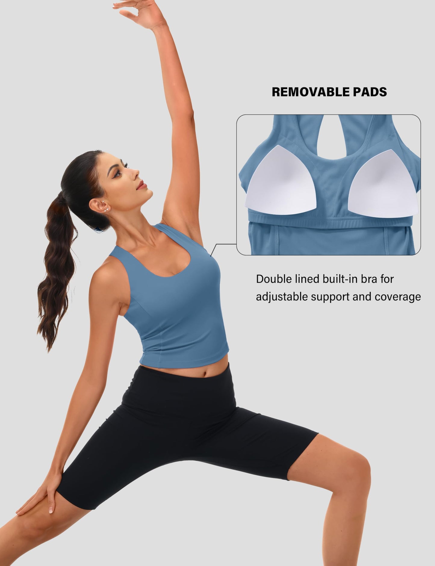 MAGCOMSEN Women's Built in Bra Workout Tank Tops Athletic Yoga Crop Top with Pads High Impact Supportive Fitted Gym Running Bras Blue L