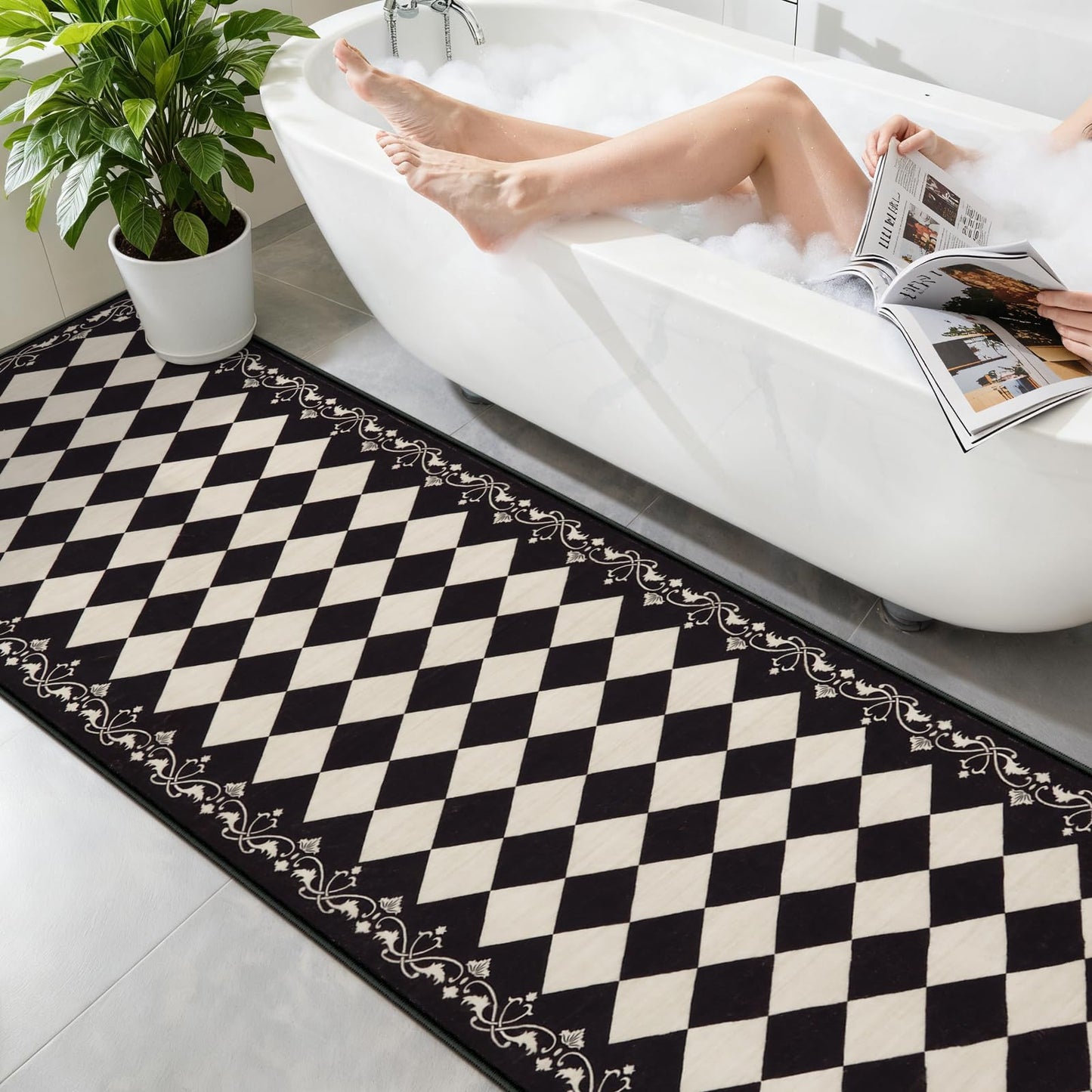 Zealude Moroccan Trellis Black and White Runner Rug 2.5x8 Washable Carpet Runners for Hallway 8ft, Soft Low Pile Checkered Bathroom Rug Gingham Print Kitchen Mordern Plaid Carpet for Bedsides Laundry