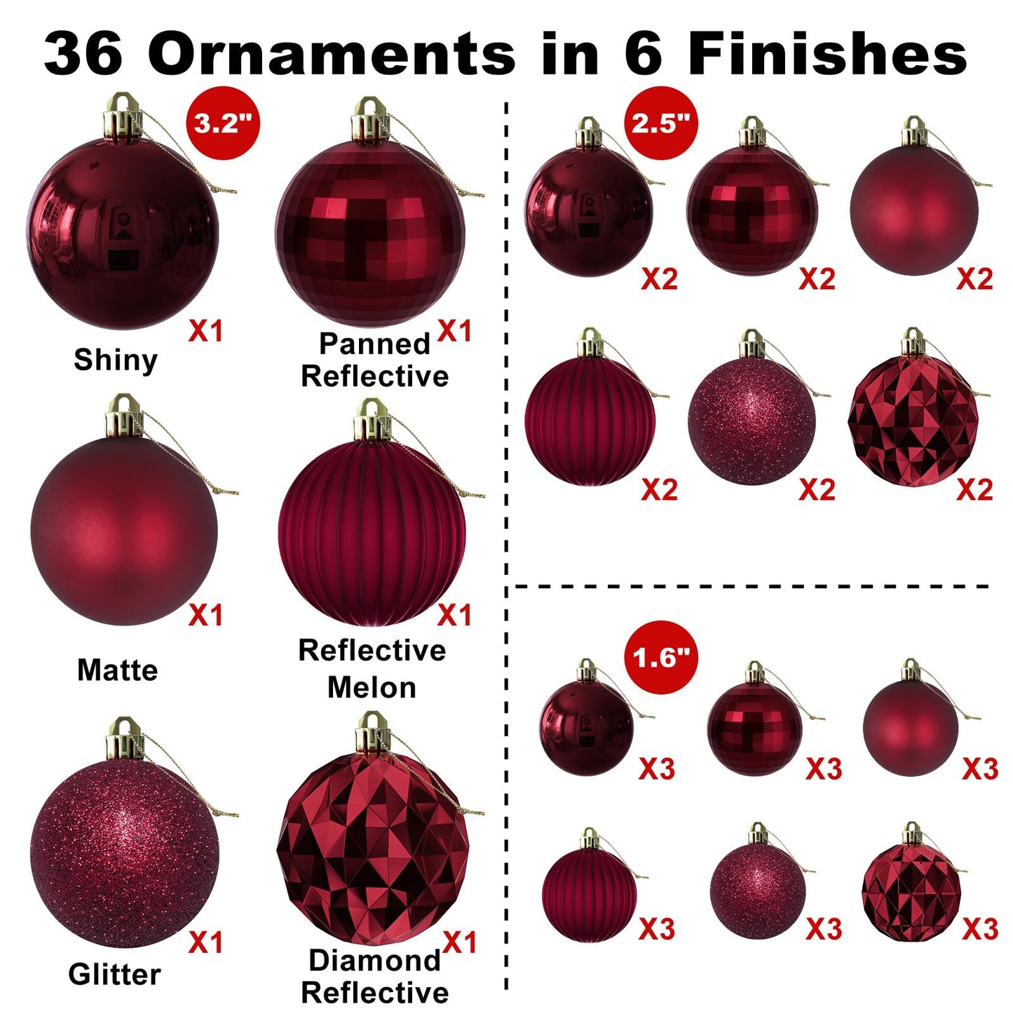 Maroon Christmas Ornaments - Christmas Tree Decorations Shatterproof Hanging Balls for Birthday Wedding Holiday Decor Set of 36pcs, Multi-Sizes(1.6",2.5",3.2")