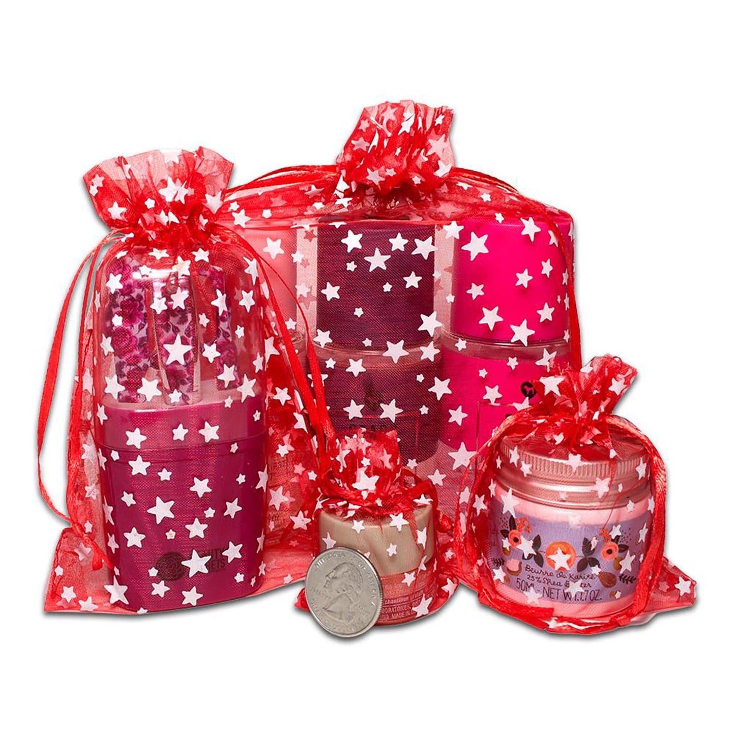 100-Pack 6x8 Sheer Organza Drawstring Gift Bags (Large) - Metallic Stars (Red/White) - Wedding Party Favors, Jewelry, Candy, Treats Mesh Pouch by The Display Guys