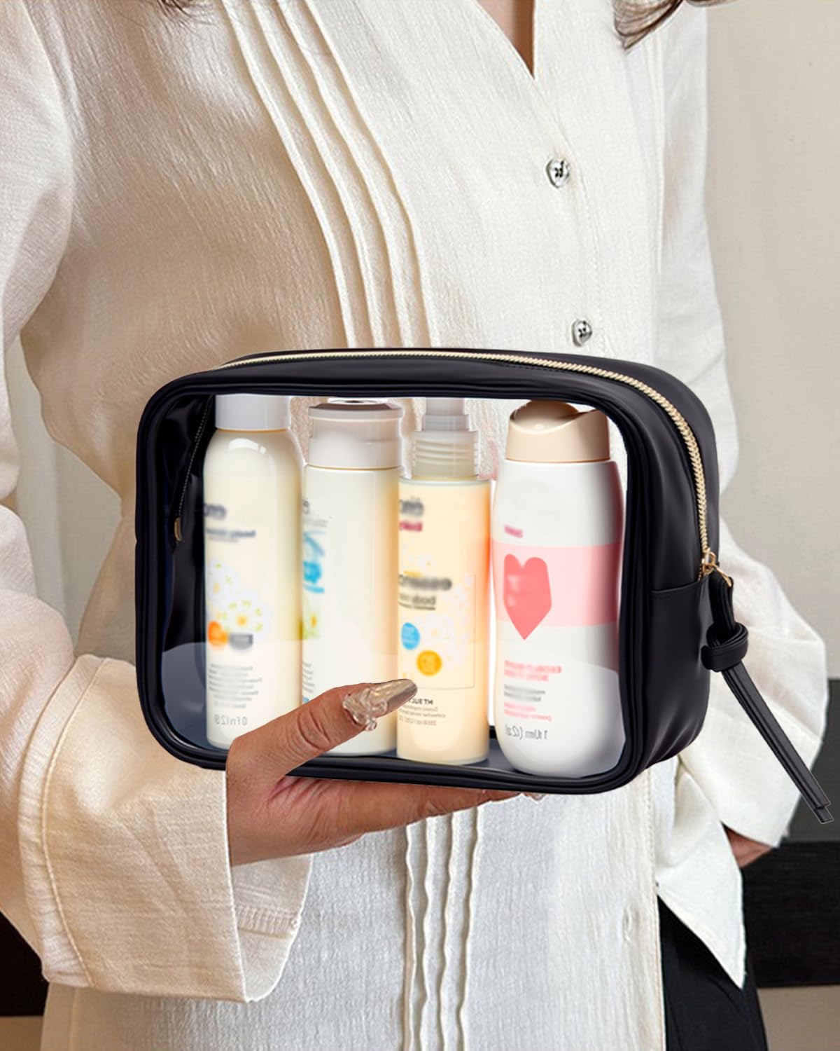 3Pcs Travel Clear Makeup Bag Set for Women, Transparent Toiletry Bag with Zipper Portable Makeup Pouch Organizer Waterproof Small Cosmetic Bag Compact Car Bag Organizer Car Accessories (Black Set)