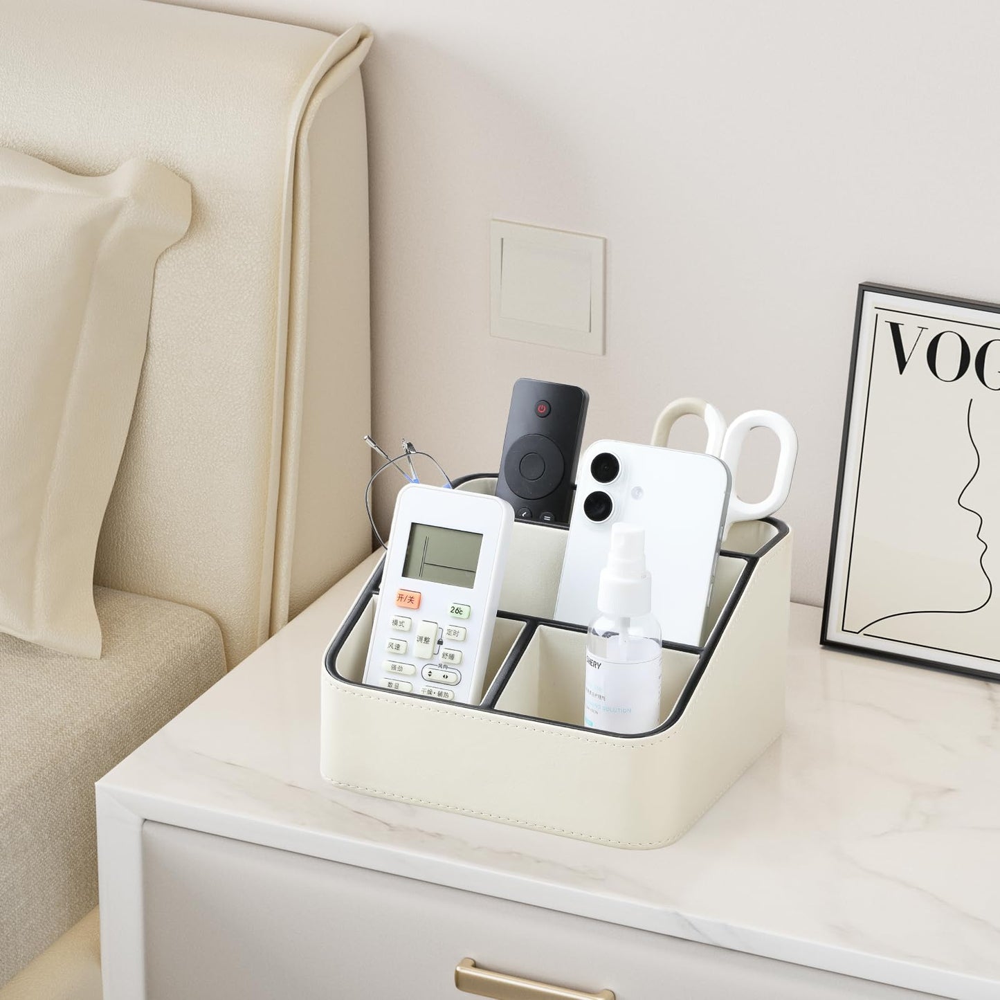 MEIBOOCH Remote Control Holder, PU Leather Small Desk Organizer with 4 Compartments, Nightstand Organizer Office Desk Accessories Desk Caddy for Countertop Bedside End Table (Cream)