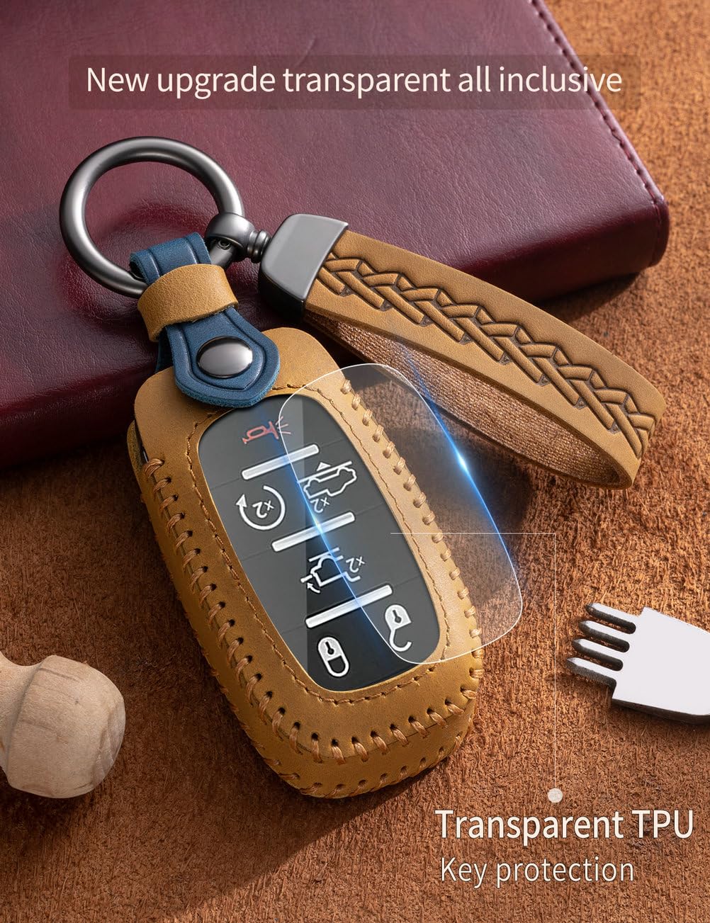 YINEOR for Dodge Ram Key Fob Cover Leather Car Key Case Protector keychain Smart Key Fob Holder Compatible for 2019-2026 Dodge Ram 1500 2500 3500 4500 5500 (Brown)