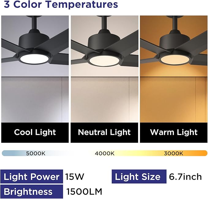 ocioc Ceiling Fans with Lights, 52 inch Black Ceiling Fan with Light and Remote Control, 3CCT, Quiet DC Motor, 5 Blades Modern Ceiling Fan for Living Room Farmhouse Bedroom