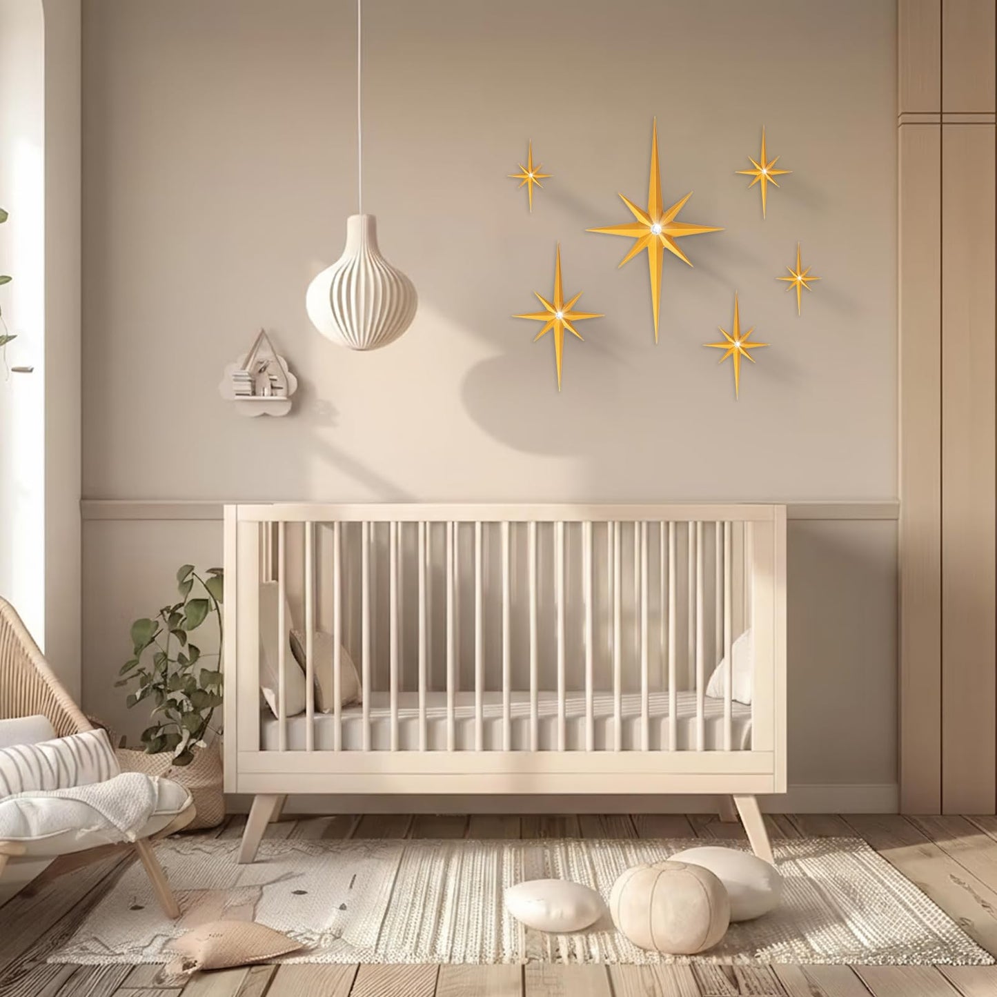 BreezeHug 6 Pcs Mid Century Modern Home Decor Star Art Wall Sculpture with Rhinestone Retro 3D Plastic Star Art Wall Sculpture Bling Diamonds Decor for Home Office Bedroom Entryway(Gold)