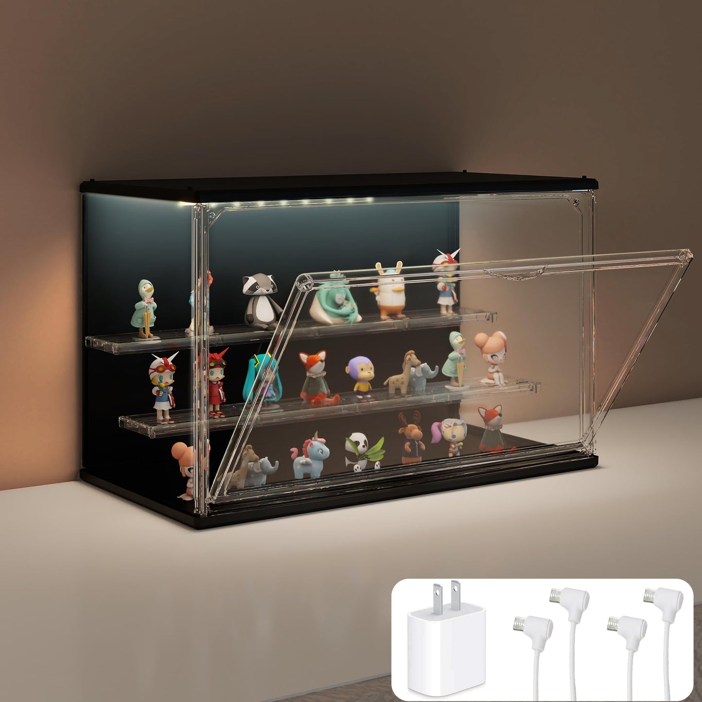 VERSSURE Clear Display Case for Collectibles, 3-Tier Adjustable Figure Display Case with LED Light, Stackable Acrylic Showcase with Magnetic Door for Jewelry,Collectibles (Black, 1 Pack-8.7" H)