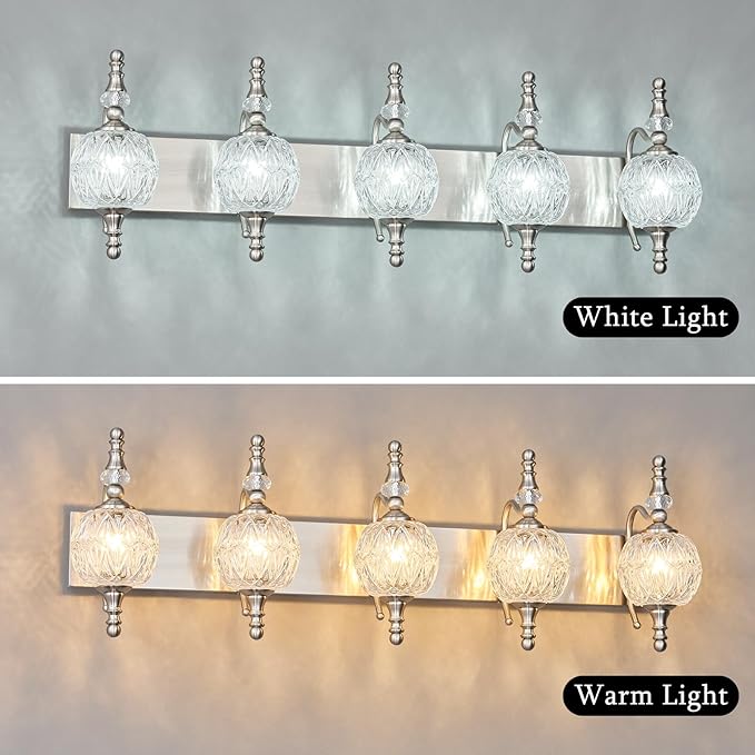 Modern Crystal Bathroom Vanity Lights Fixtures Over Mirror Brushed Nickel Vintage 5-Lights 36 Inch Bathroom Light Fixtures Glass Crystal Vanity Lights