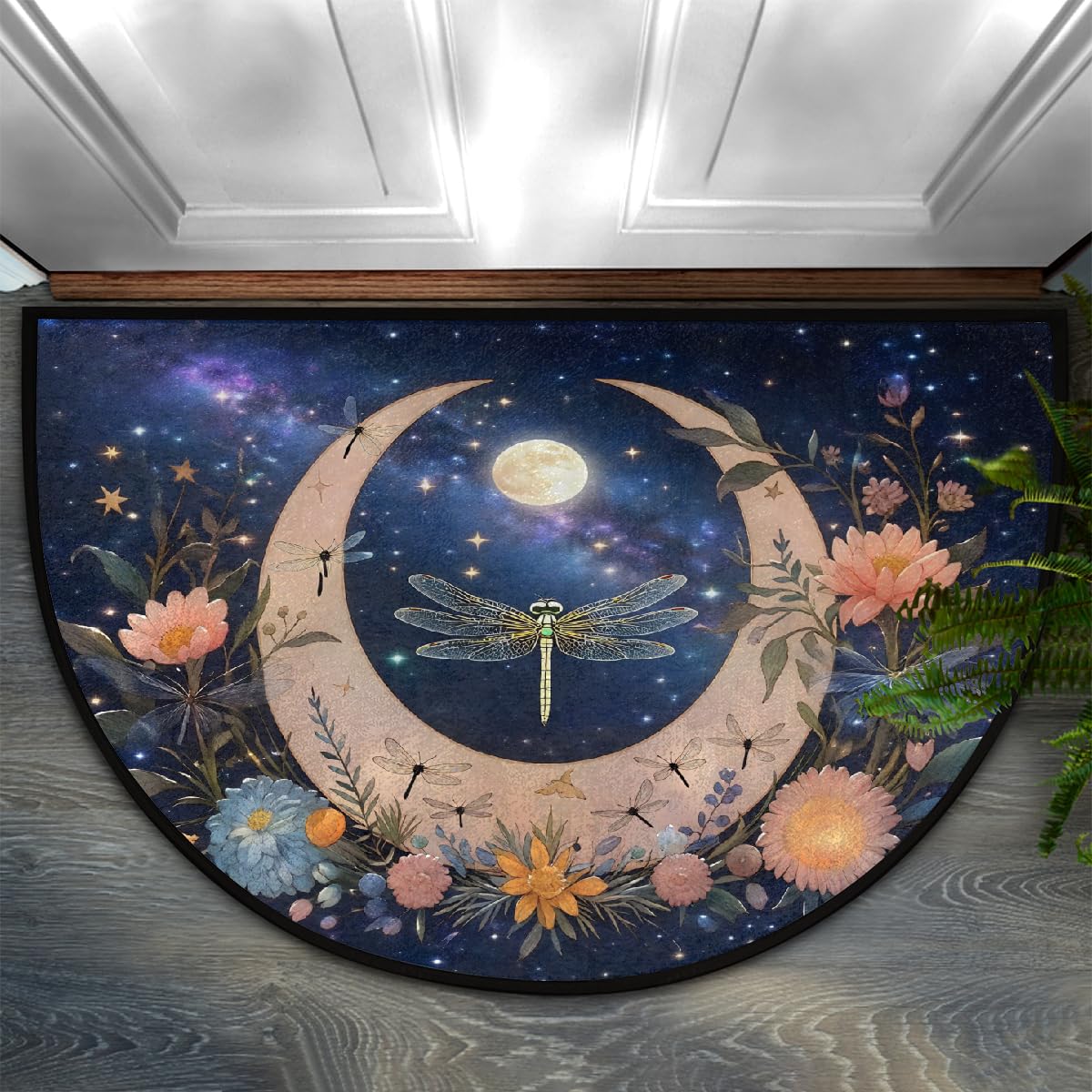Half Circle Door Mat - Washable Non-Slip Moon Dragonfly Half Round Entryway Area Rug - Absorbent Cute Carpet Semicircular Rug for Indoor Kitchen Laundry Room Bedroom Bathroom, 36"x24"