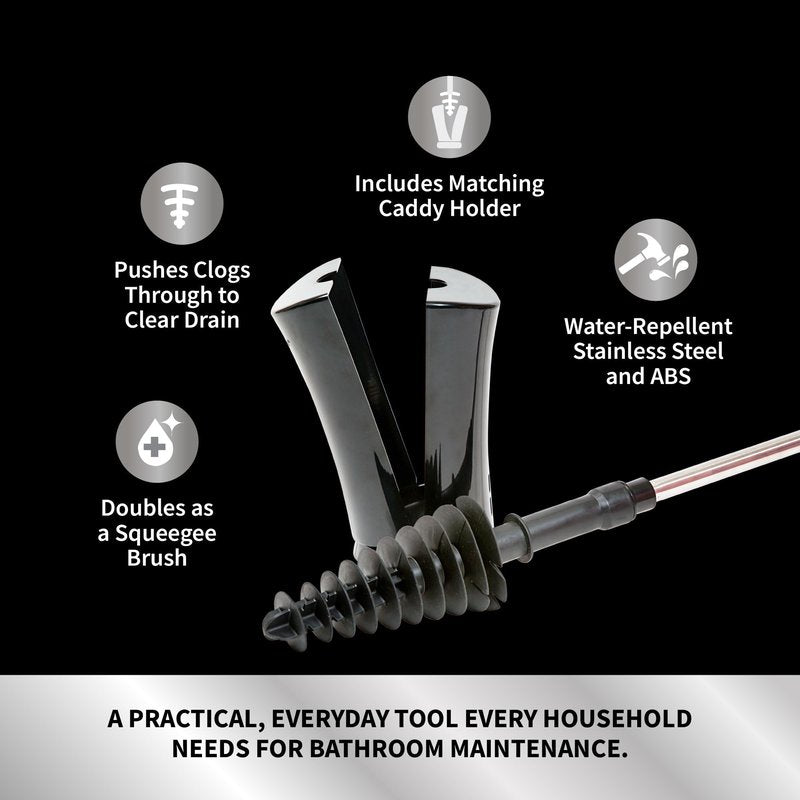 ToiletShroom Revolutionary Plunger, Squeegee, Clog Remover, Drain Cleaner, Bathroom Toilet Dredge Tool, Stainless Steel Handle with Caddy Holder, Оne Расk, Black