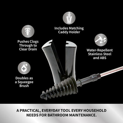ToiletShroom Revolutionary Plunger, Squeegee, Clog Remover, Drain Cleaner, Bathroom Toilet Dredge Tool, Stainless Steel Handle with Caddy Holder, Оne Расk, Black