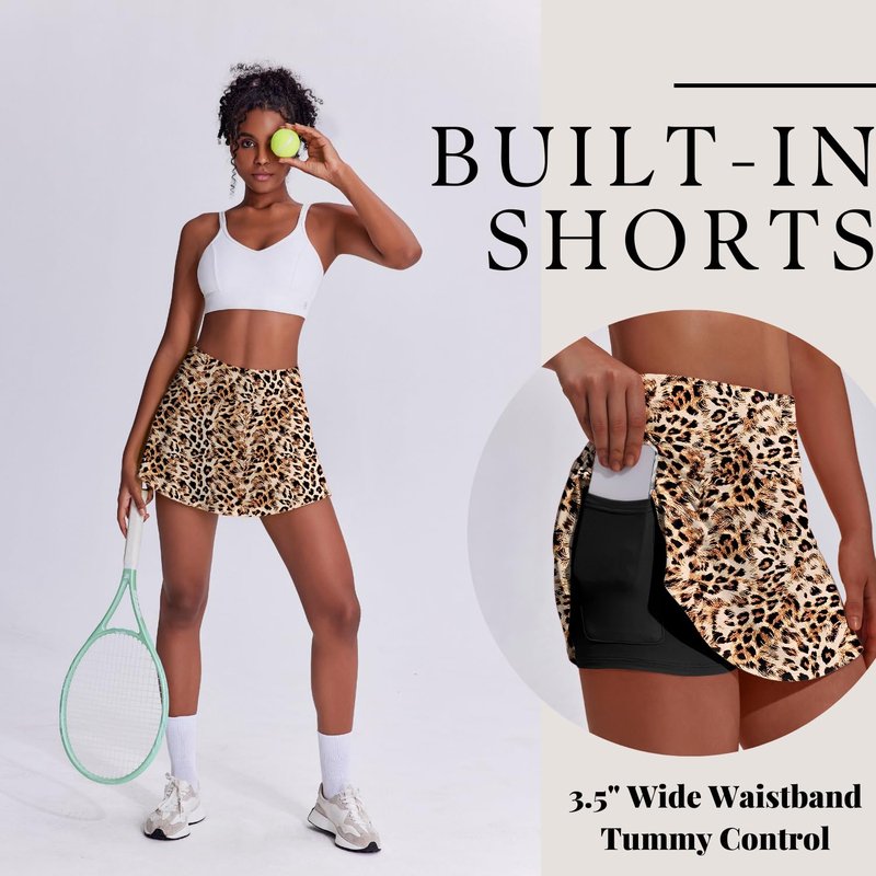 PINSPARK Tennis Skirts Women's Pleated Athletic Skirt Workout Casual Mini Skater Skorts with Built in Shorts,Leopard X-Small