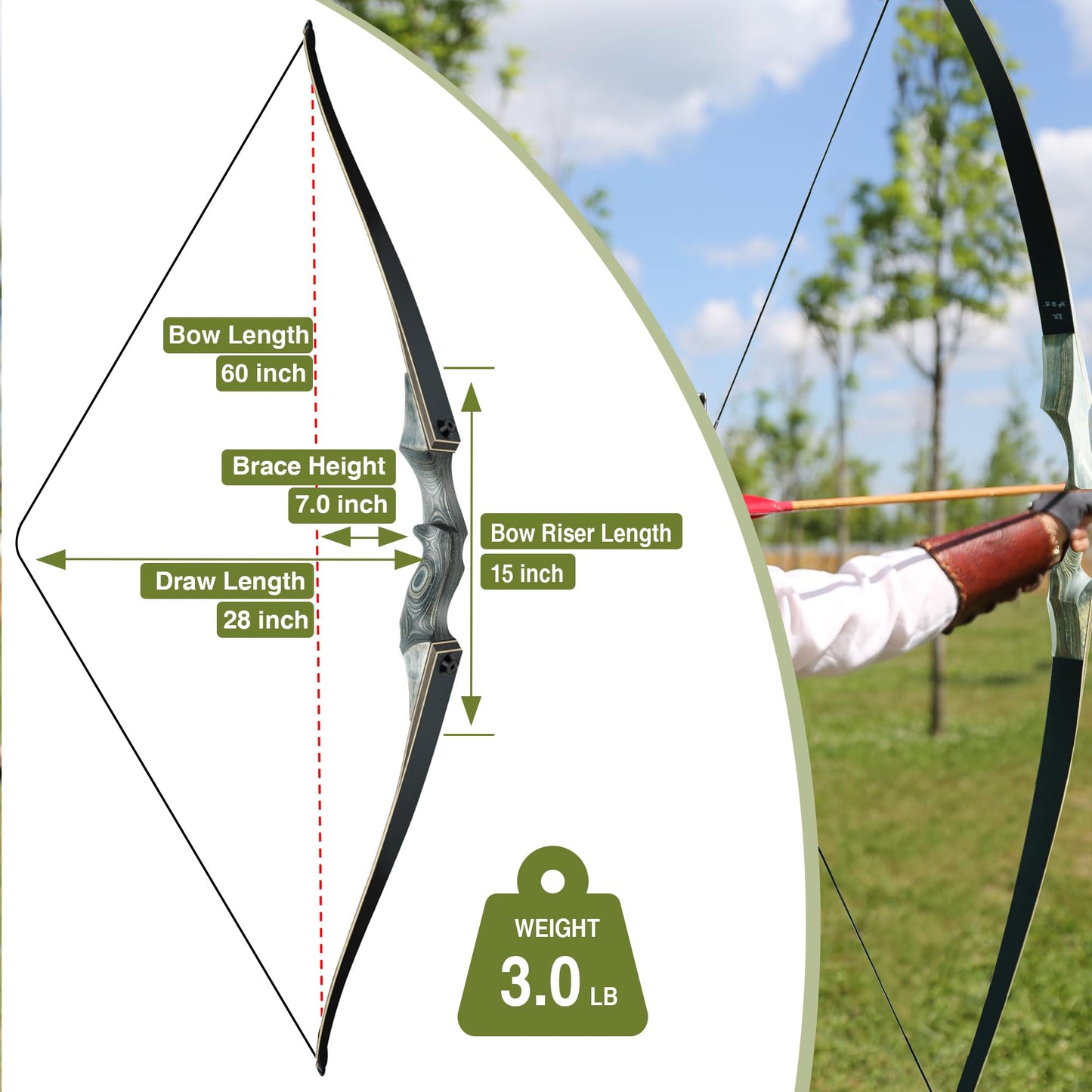Black Hunter Takedown Longbow, GLURAK 60" Wooden Archery Bow Hunting Bow - Right Handed Longbow for Beginner Training Practice, 35lb