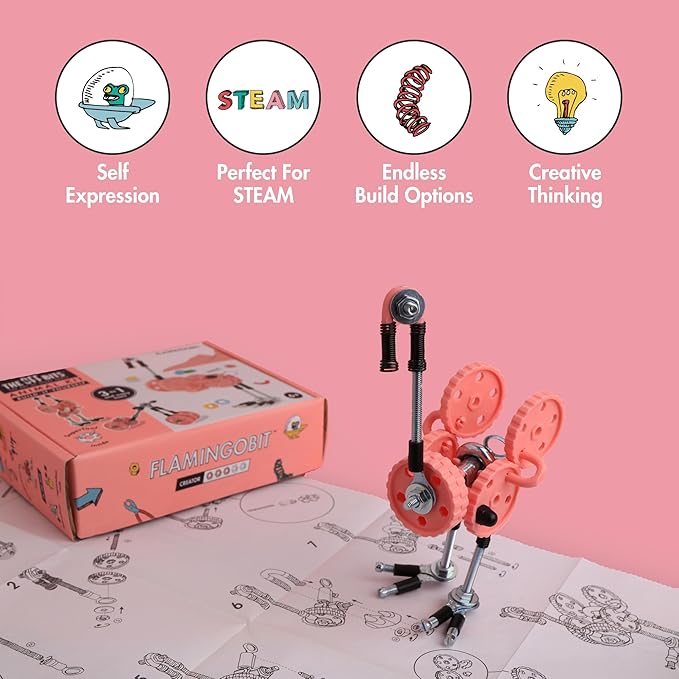 The Off Bits Erector Set: Animal Mini STEM Toys for Kids 6+ Toy Building Sets with Nuts &amp Bolts STEM Building Toys Gifts for Boys and Girls (Pink Flamingo)