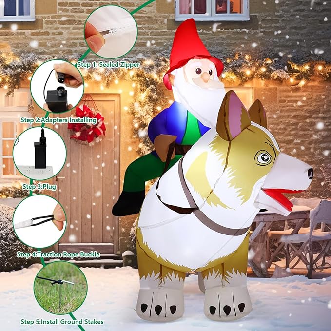 COMIN 5.5 FT Christmas Decorations Outdoor Inflatables Gnomes Ride Corgi Dog Blow Ups with Built-in LEDs for Yard Party Lawn Decor