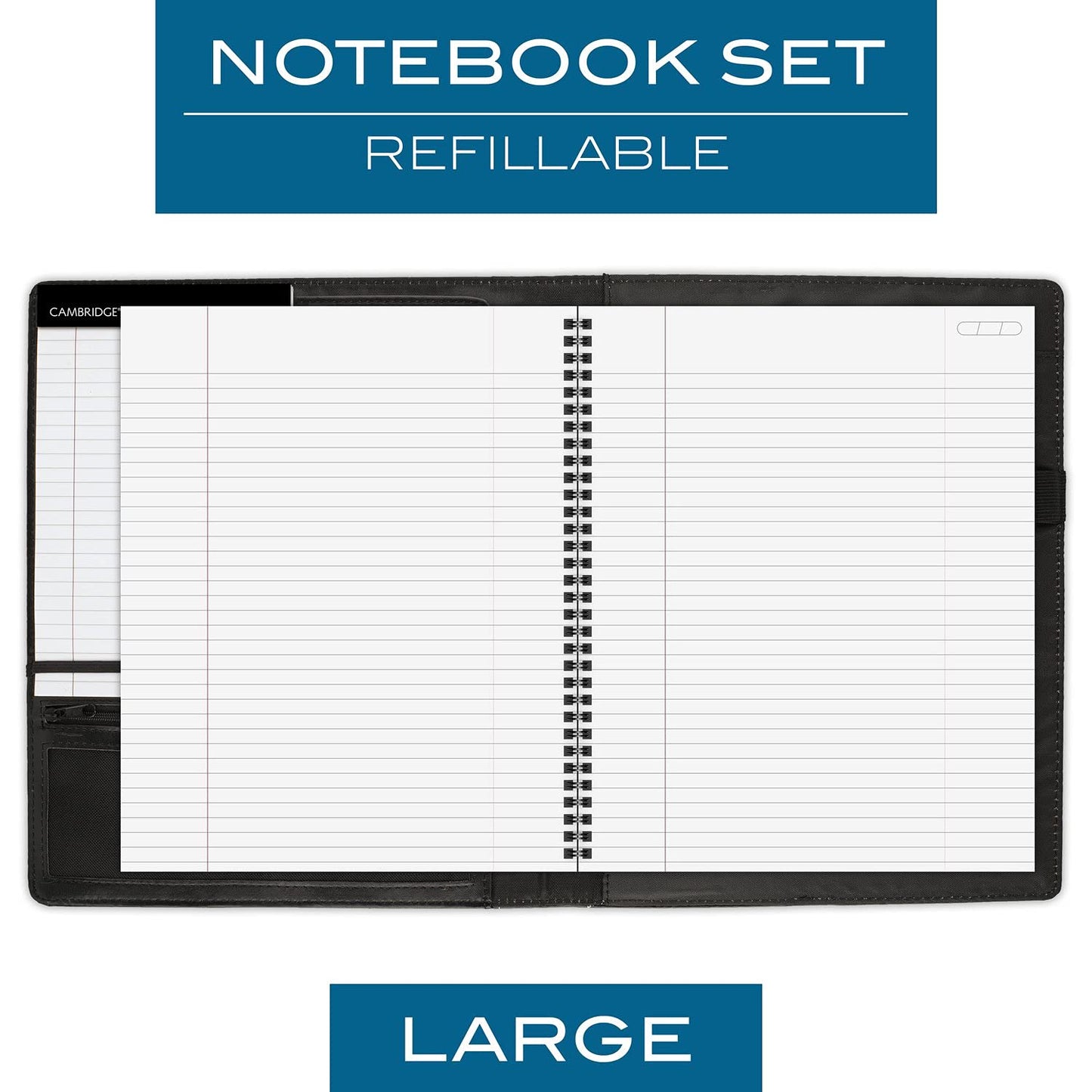 Cambridge Limited Business Notebook, 8-1/2" x 11", 50 Sheets, NoteTaker Portfolio and Refillable Notebook with 5" x 8" Notepad and Business Card Pocket, Zipper Mesh Pocket, Black (06126)