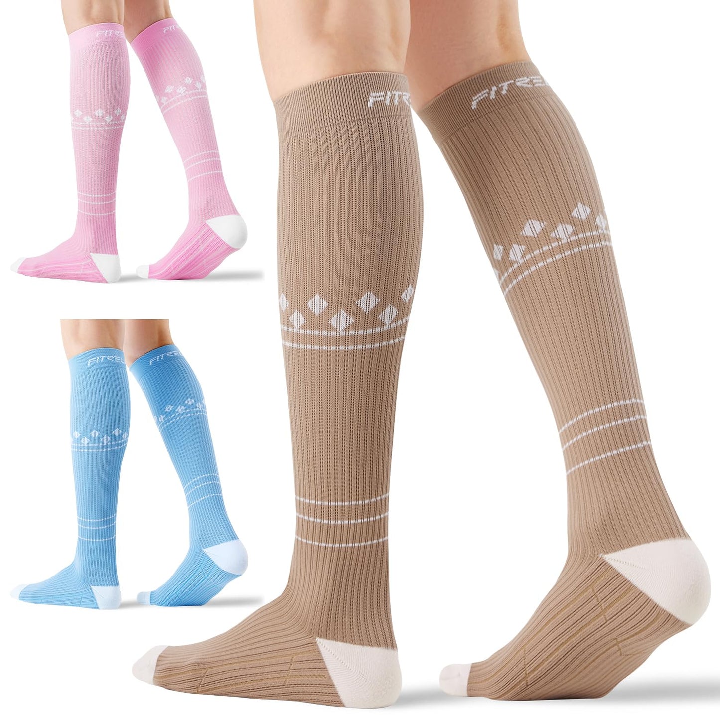 FITRELL 3 Pairs Compression Socks for Women and Men 20-30mmHg - Support for Travel, Running, Nurse, Knee High, Neopolitan S/M