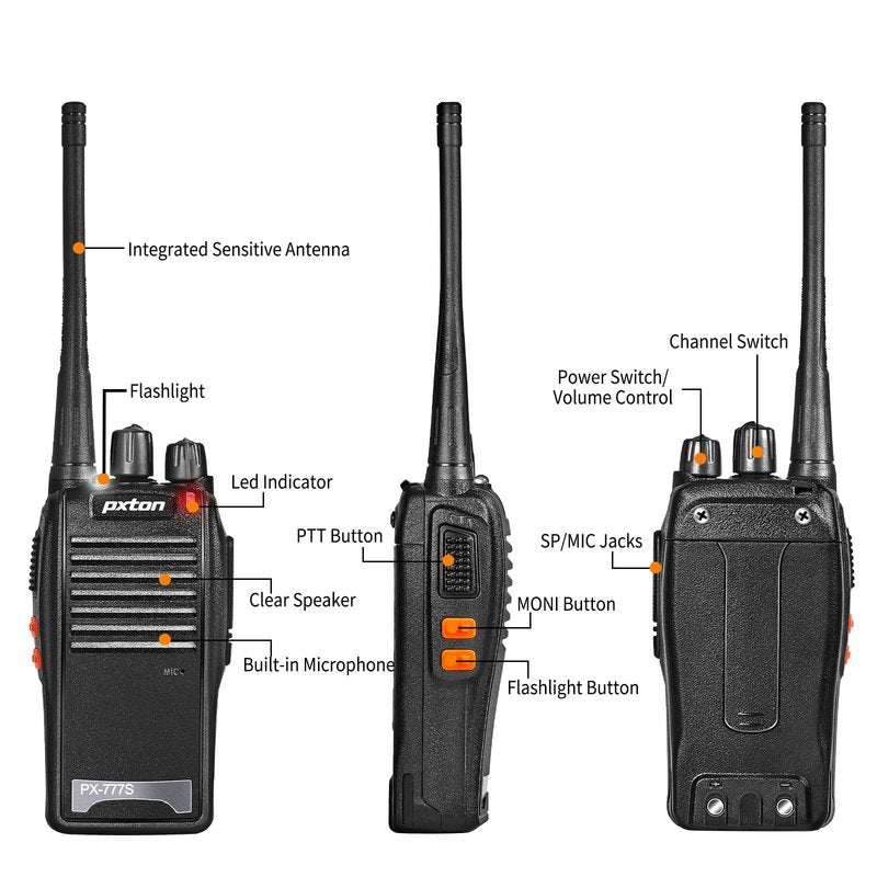 pxton 777S walkie talkies Long Range for Adults Rechargeable with Earpieces and Li-ion Battery,Two Way radios has VOX/TOT/Emergency Alarm/Battery Low Alert/Flashlight/Scan Function（4 Pack）