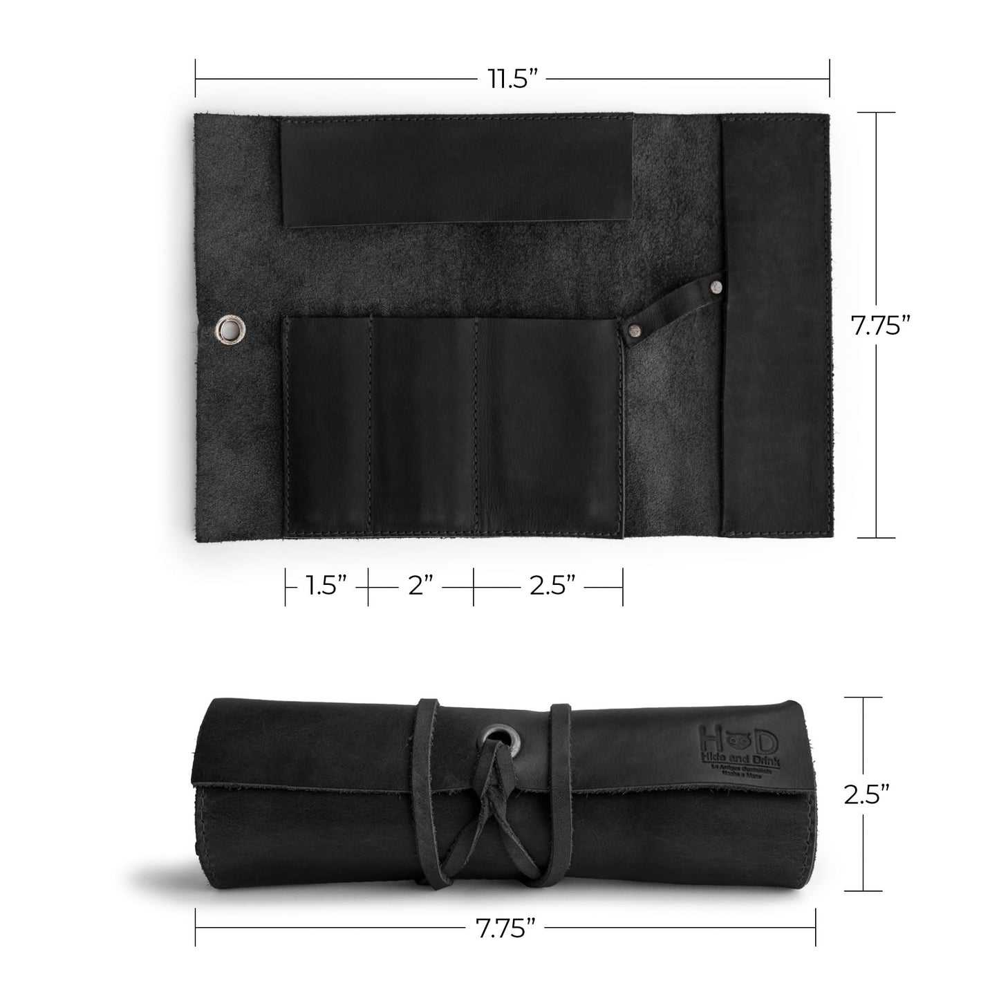 Hide & Drink, Rustic Pencil Roll Pouch, Multi-Purpose Storage Wrap for Scissors, Earphones, Organizer for Craft, Full Grain Leather, Handmade, Charcoal Black