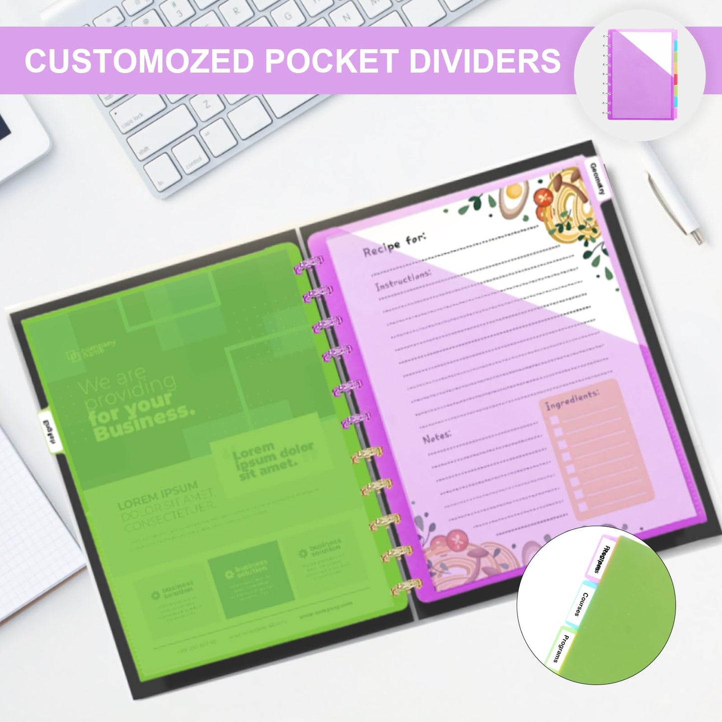 11 -Discbound Pocket Divider with 8 Tabs,1 Set Letter Size Tul Notbook Divider Folder Dis Planner Inserts for for Document Discbound System, Office Home School（8PCS