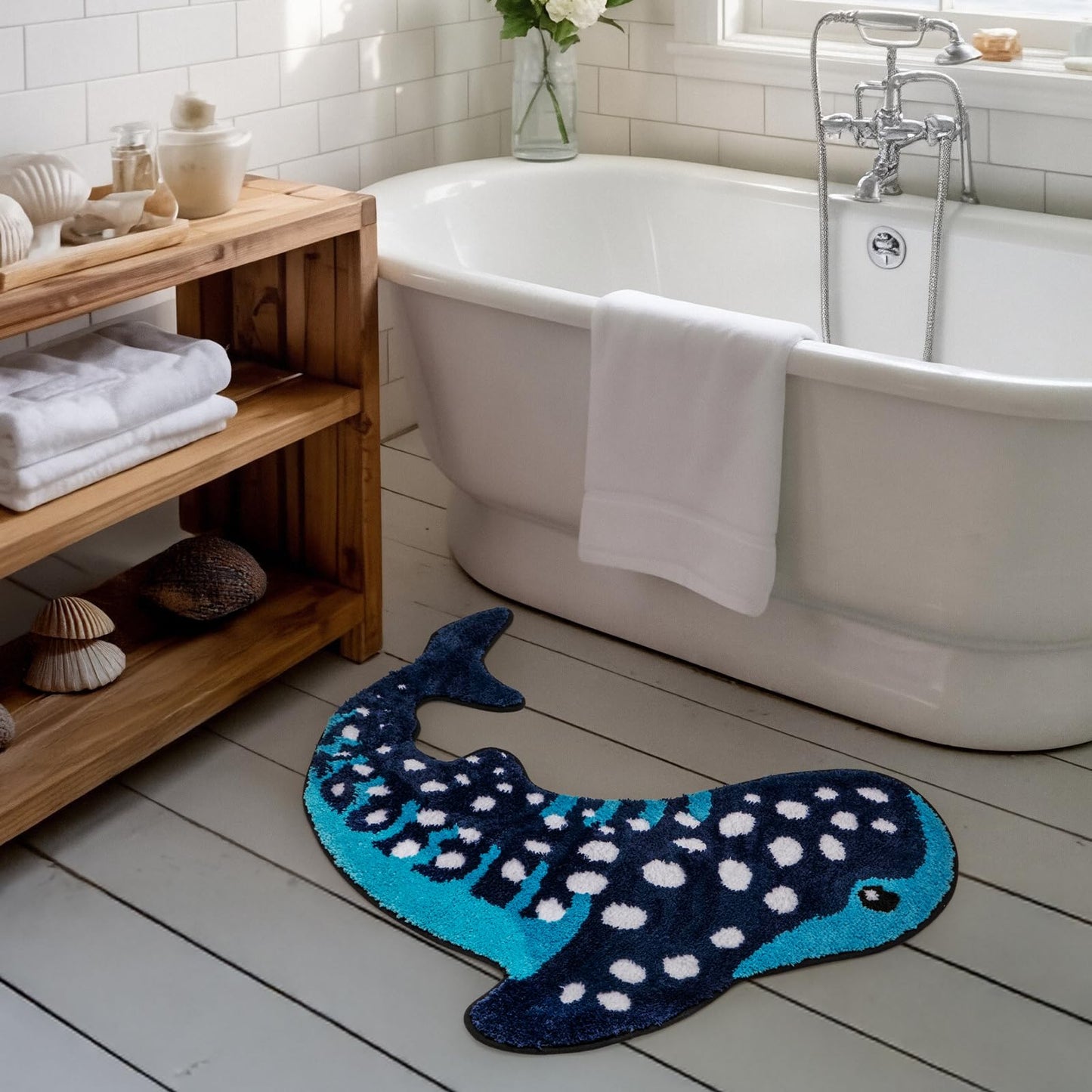 Percozzi Whale Shark Bathroom Rug 35"*28", Handmade Funny Tufted Ocean Animal Bath Mat with Non-Slip TPR Backing Beach Soft Plush Absorbent Blue Whale Shark Bath for Coastal & Marine Lovers