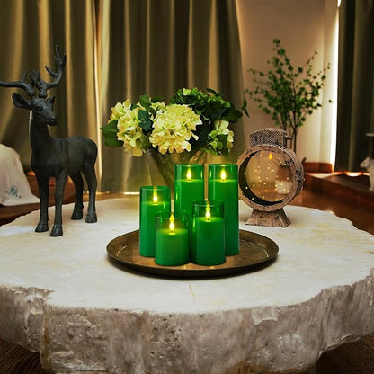 Homemory Green Flickering Flameless Candles, Battery Operated Acrylic LED Pillar Candles with Remote Control and Timer, Set of 5, St. Patrick's Day