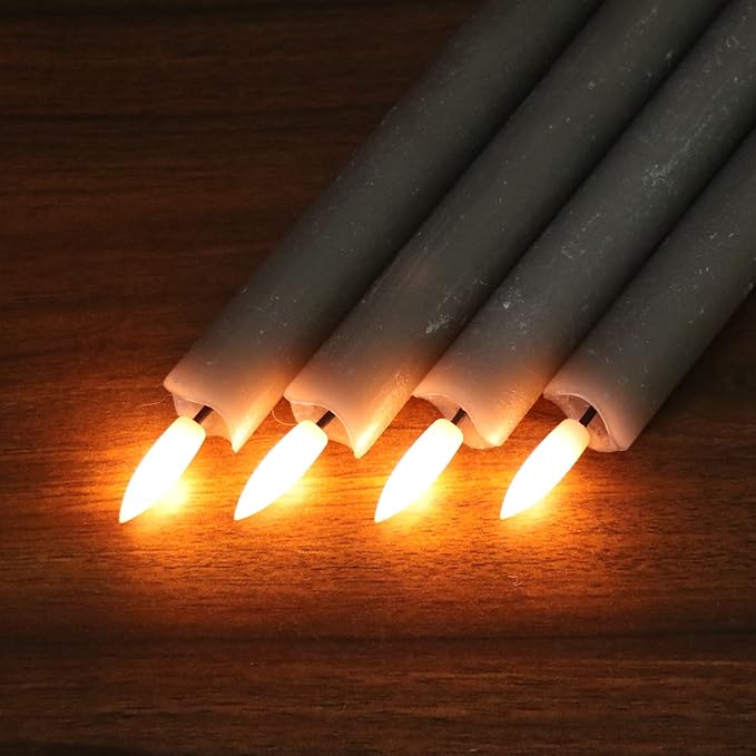 GenSwin Flameless Grey Taper Candles Flickering with 10-Key Remote, Battery Operated Led Warm 3D Wick Light Window Candles Real Wax Pack of 6, Christmas Home Wedding Decor(0.78 X 9.64 Inch)