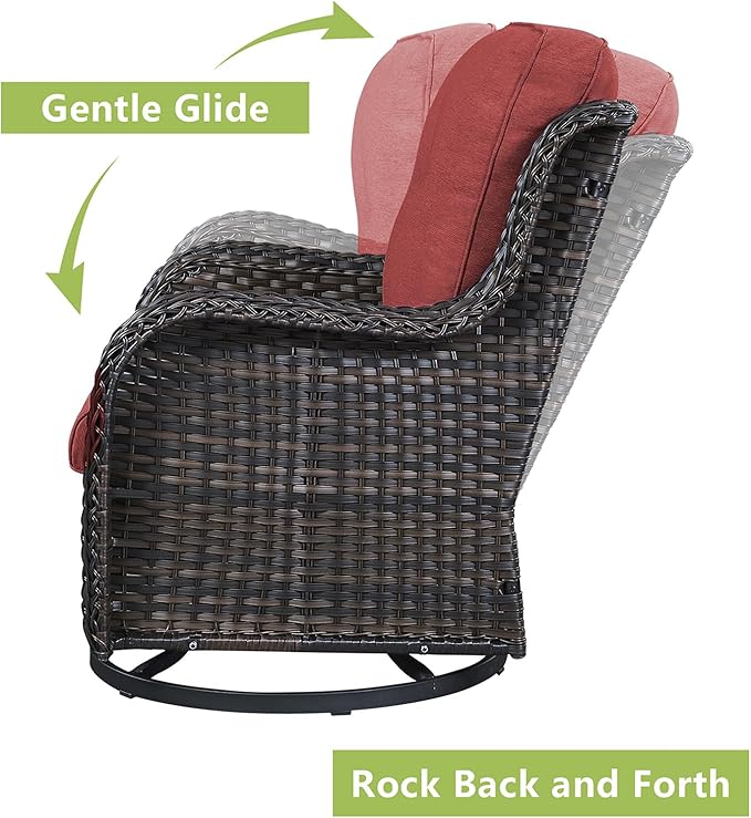 Rilyson Wicker Patio Furniture Set - 5 Piece Rattan Outdoor Sectional Conversation Sets with 2 Swivel Rocking Chairs,2 Ottomans and 1 Side Table for Porch Deck Garden(Brown/Red)